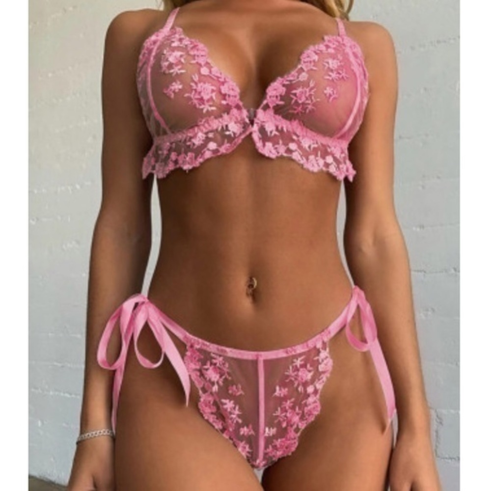 Sheer Lingerie Lace Pink Floral Embroidery Bra and Lace Tie Panty NEW